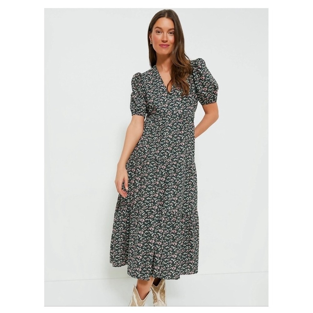 Hyacinth House Green Floral Puff Sleeve Tiered V-Neck Midi Dress XS